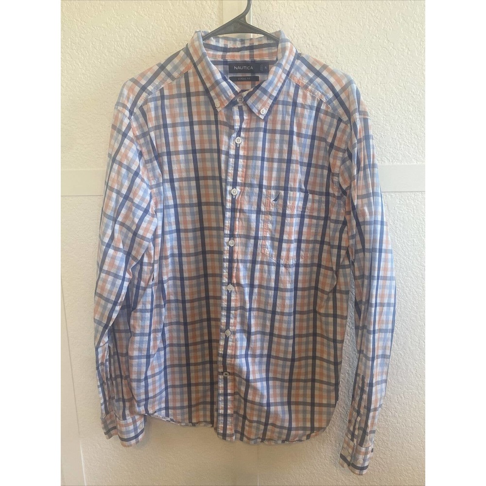 Nautica Button Down Shirt Men Size XL Long Sleeve Blue/Orange Checkered